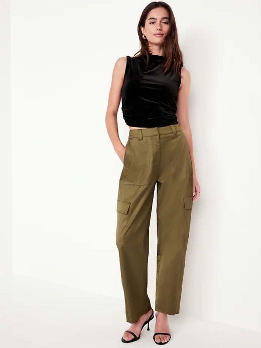 Old Navy Satin Moss Green Extra High-Rise Cargo Barrel Wide Leg Pants 0
